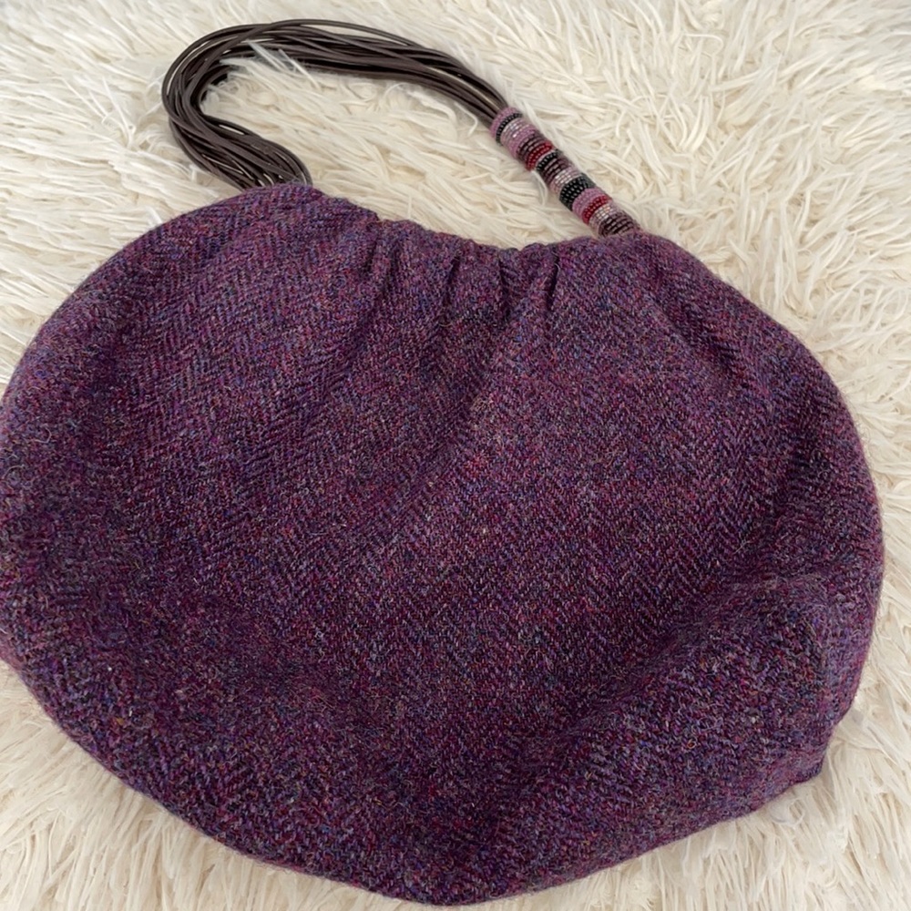 Artisan tweed wool handbag with hand beaded leather handle